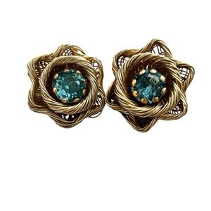 Vintage Weiss Earrings Gold and Blue Stone Woven Clip Ons—Amazing Condition!